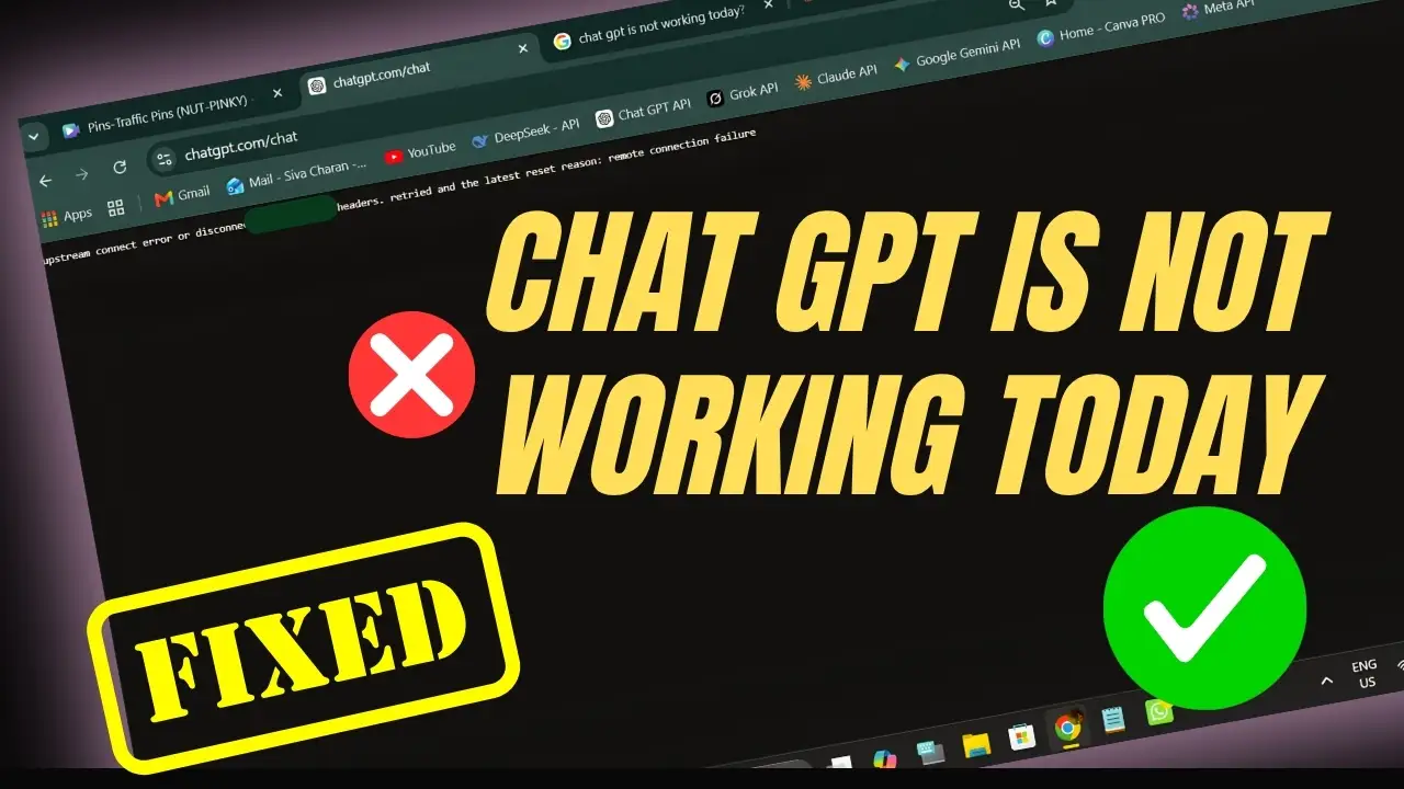 Screenshot showing ChatGPT is not working today with an upstream connect error message, the kind of OpenAI server outage today that leaves users searching why is ChatGPT down right now.