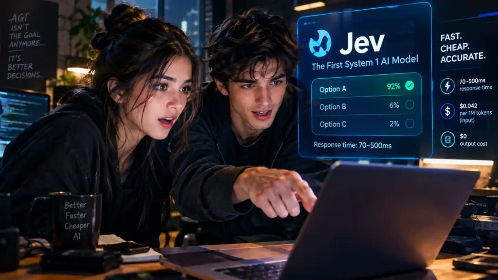 A cinematic late-night tech workspace where a 21-year-old man and a 20-year-old woman react to a breakthrough AI model on a glowing laptop as futuristic interface screens highlight the System One decision engine during the frontier model price war.