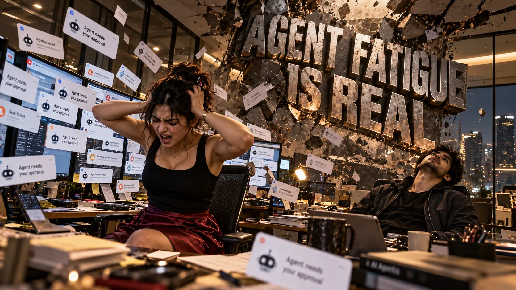 AI agent fatigue: an overwhelmed young Indian employee screams as dozens of Agent needs your approval pop-ups flood her desk while steel letters reading Agent Fatigue Is Real crash through the office wall, Ethical Founder