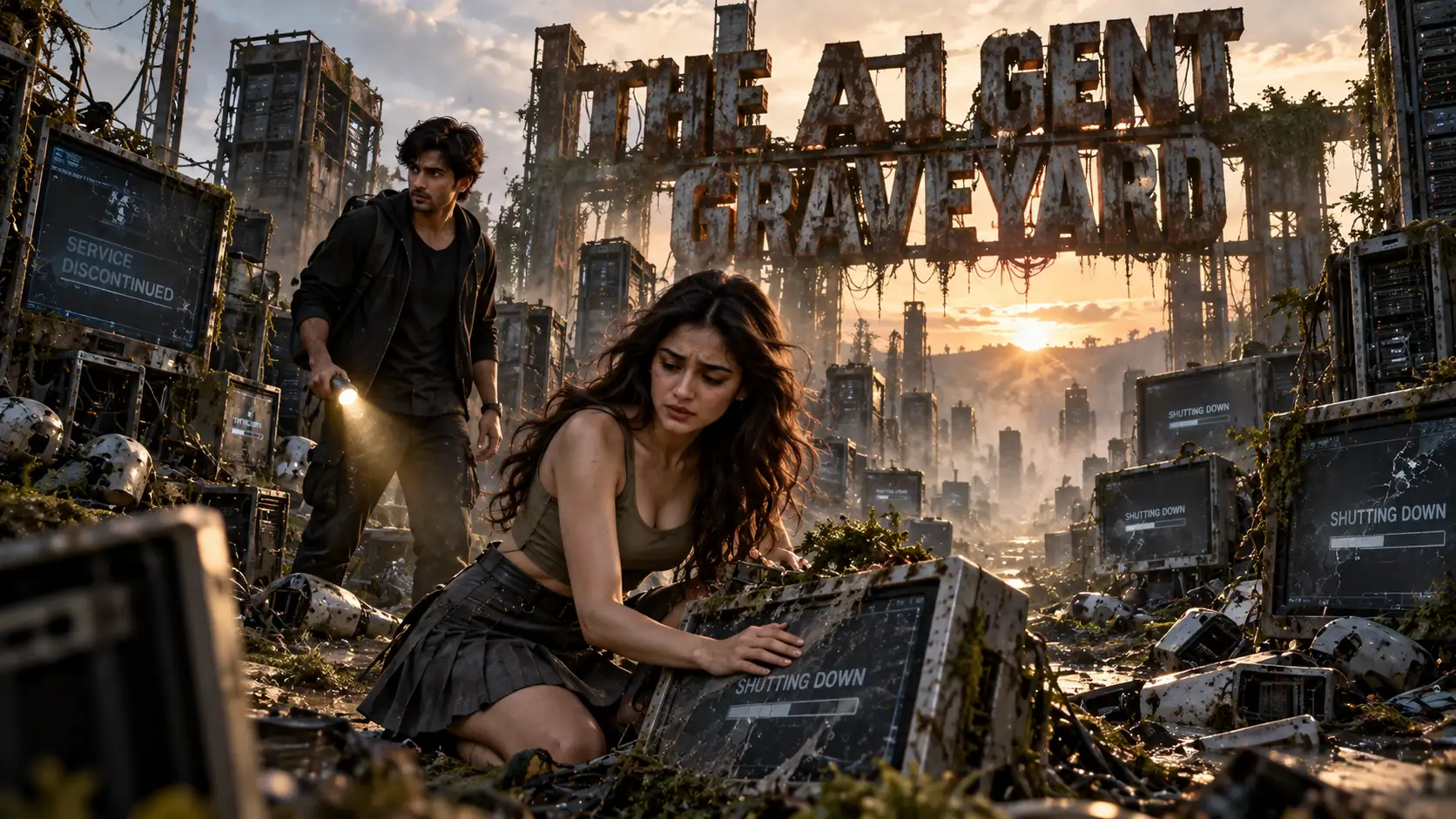 AI agent graveyard: AI agent failures 2026 shown as dead servers and monitors reading Shutting Down and Service Discontinued, as a young Indian woman kneels by a broken screen under rusted steel graveyard letters, Ethical Founder