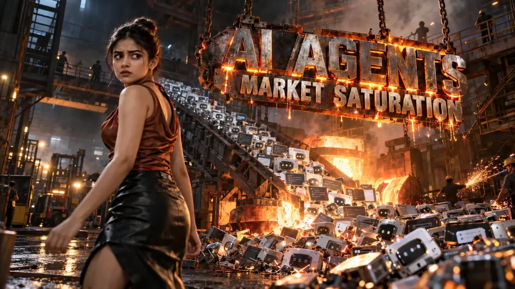 AI agents market saturation 2026: a young Indian founder walks past a foundry where hundreds of AI agent bots pour into a furnace under forged steel letters reading AI Agents Market Saturation, an Ethical Founder illustration