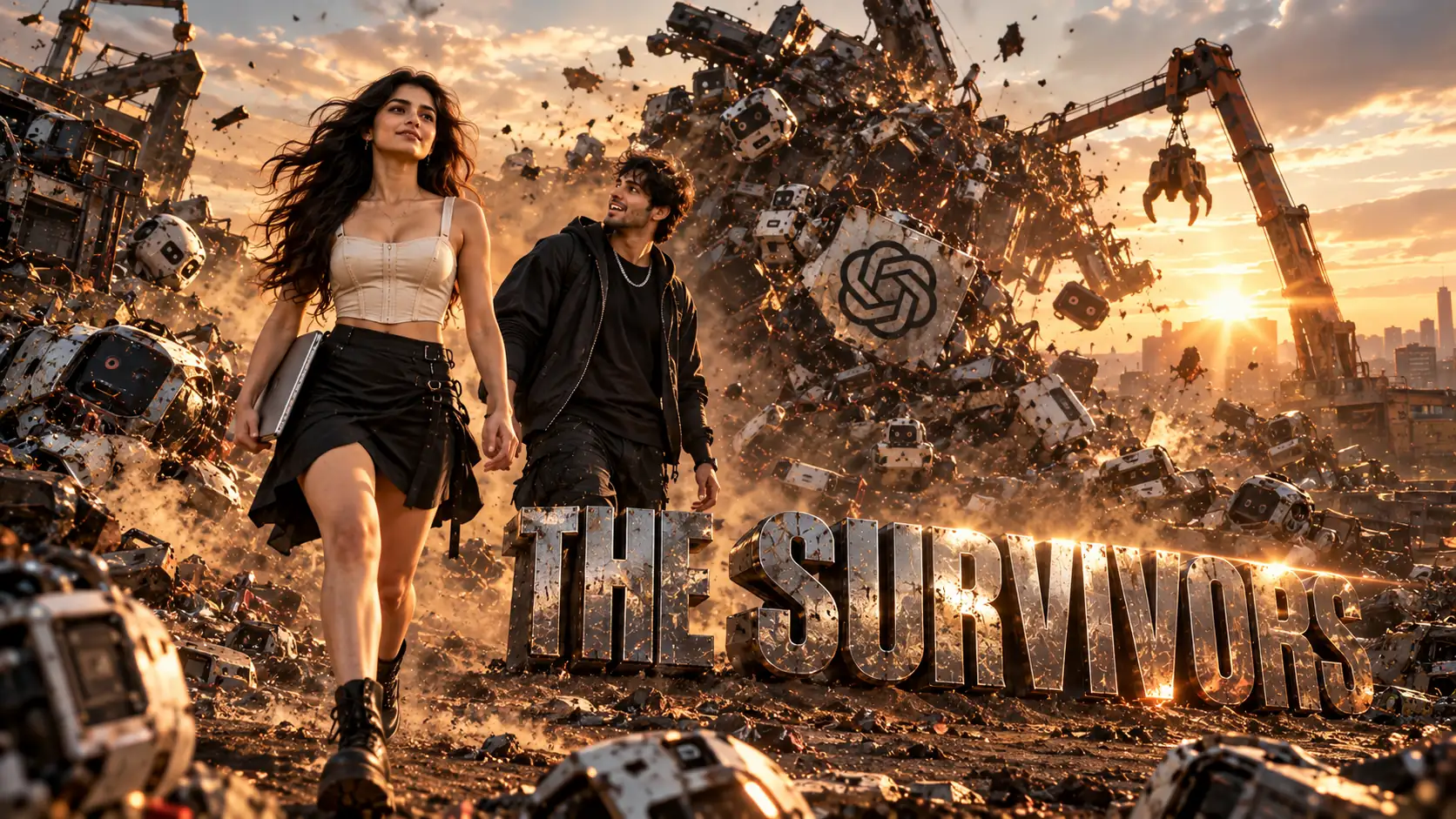 Best AI agents 2026: two young Indian founders walk away from a collapsing scrapyard of failed AI agent bots past gleaming steel letters reading The Survivors, the useful AI agents that survived market saturation, Ethical Founder