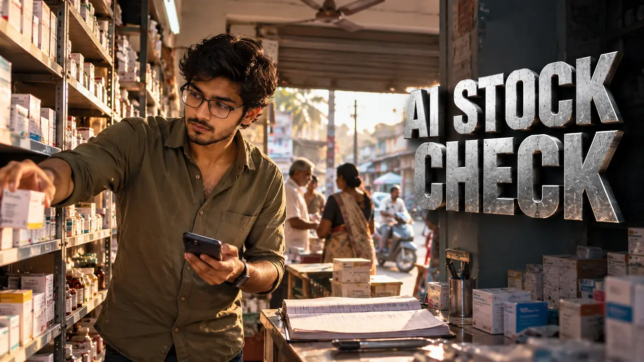AI stock check for a local retail business margin strategy: a pharmacy owner holding a phone while counting medicine stock on the shelf to catch margin leaks, Siva Charan of Ethical Founder