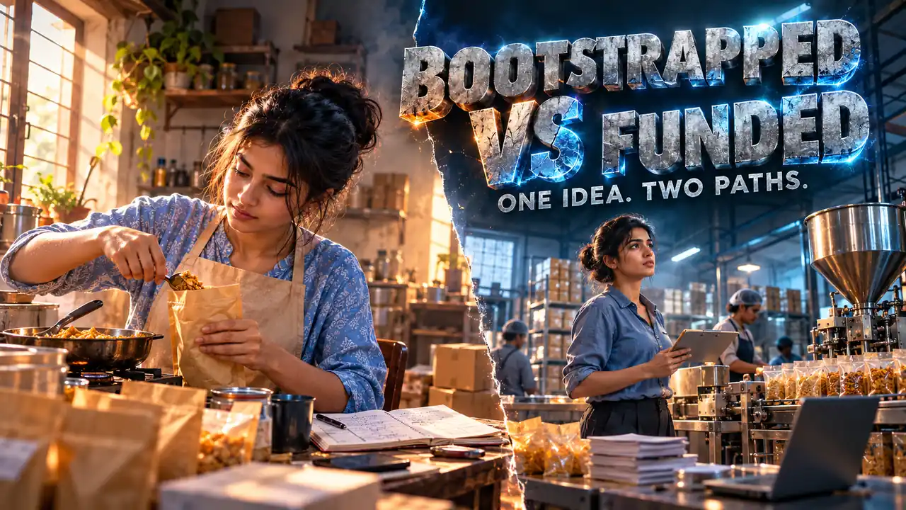 Business Ideas That Need a Bank Loan, and the Ones That Never Should Borrow 6 Business Ideas That Need a Bank Loan, and the Ones That Never Should Borrow Bootstrapped business ideas vs funded ones: the same snack business shown as a kitchen start and a funded factory line, Siva Charan of Ethical Founder on a small business loan vs self funded business