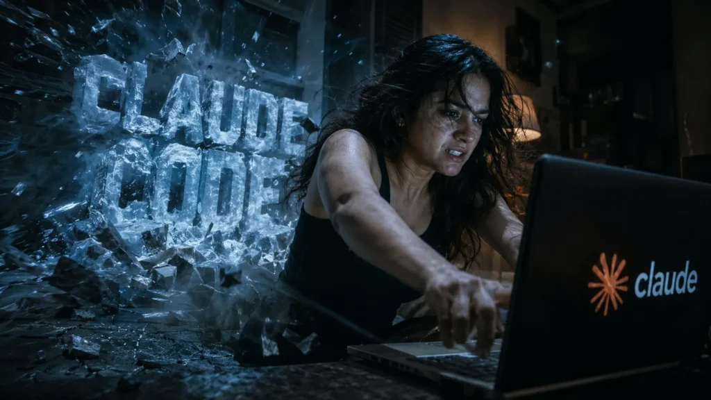 Claude Code beginner's guide 2026: a young Indian developer hits Enter on Claude Code at 2 AM as giant ice letters spelling Claude Code burst through the room behind her