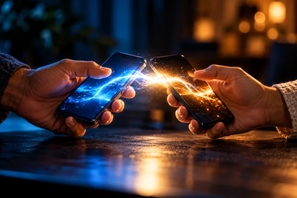 Two hands holding two smartphones together with blue and amber light flowing between the screens
