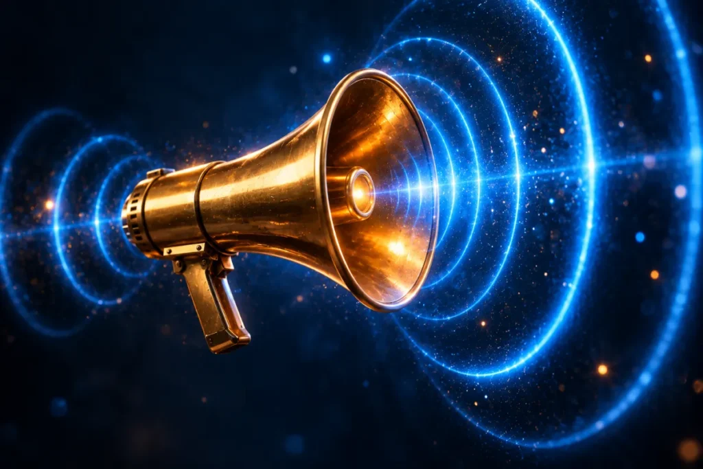 A brass megaphone sending out rings of blue light on a dark navy background