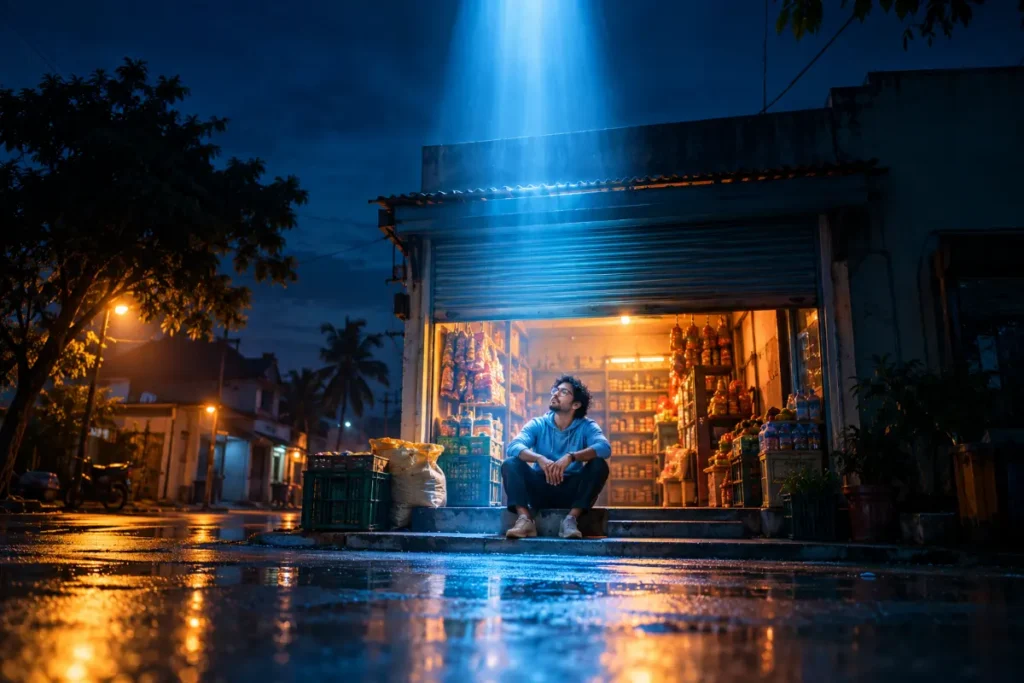A shopkeeper sitting at the door of his shop at night under a beam of blue light, looking up at the sky