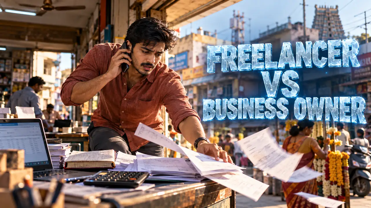 Freelancer vs Business Owner Tax Identity: What Changes in India 8 Freelancer vs Business Owner Tax Identity: What Changes in India Freelancer vs business owner tax identity in India: a young professional on a phone call sorting through papers, a calculator and a ledger at a crowded shop counter, Siva Charan of Ethical Founder