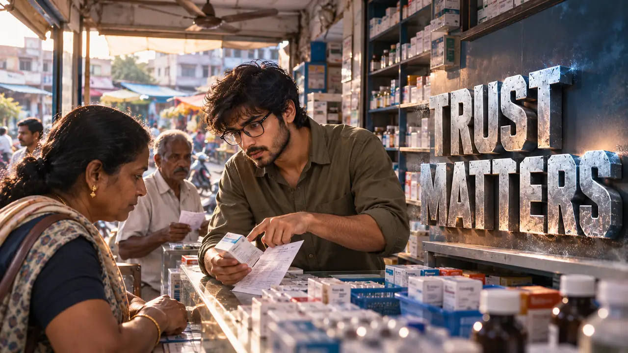 Customer trust in a small town healthcare retail business: a pharmacist explaining a prescription slip to a woman at the chemist counter, Siva Charan of Ethical Founder