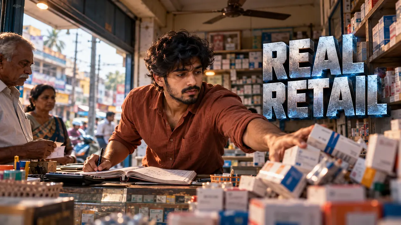Small town pharmacy business lessons in real retail: a young chemist shop owner writing in his ledger while stacking medicine boxes at a busy Indian pharmacy counter, Siva Charan of Ethical Founder