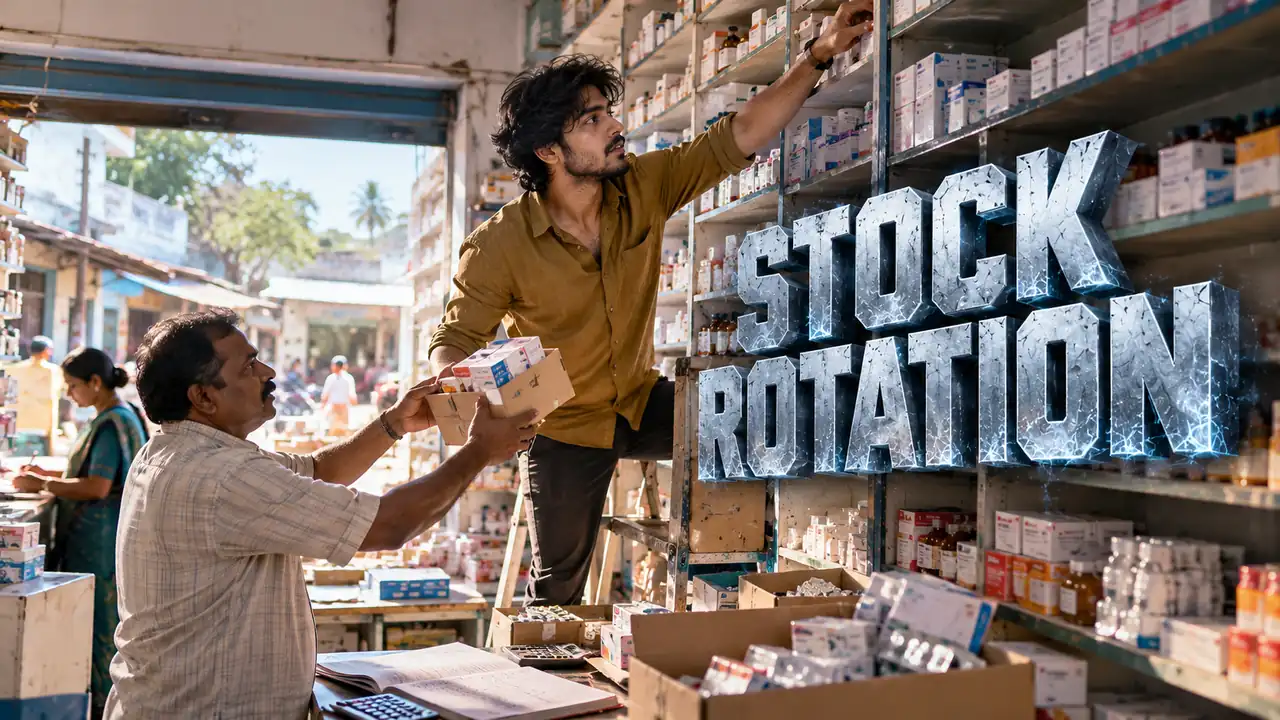 Small town pharmacy stock rotation: a chemist shop owner passing a medicine box down from a ladder to a senior shopkeeper while arranging shelves to buy what moves, Siva Charan of Ethical Founder