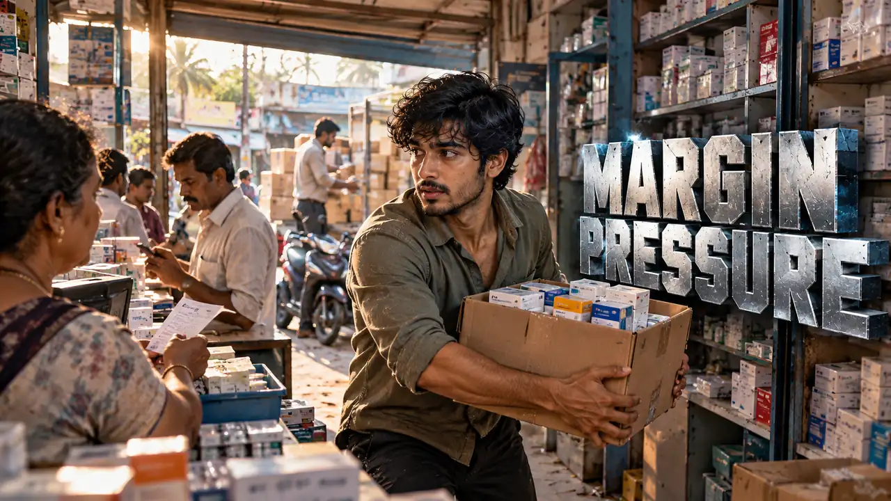 Small town retail margin pressure: a pharmacy owner carrying a heavy carton of medicines while customers wait, showing the hidden costs that squeeze retail margins, Siva Charan of Ethical Founder